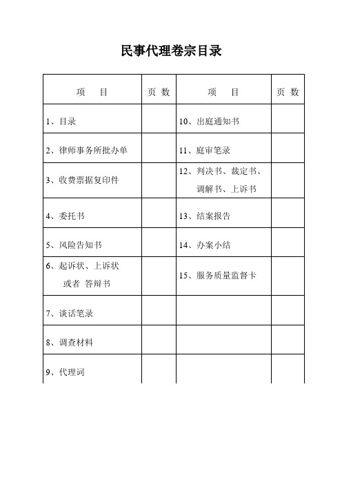 民事代理卷宗目录(目录、审批表、结案报告、办案小结、监督表)