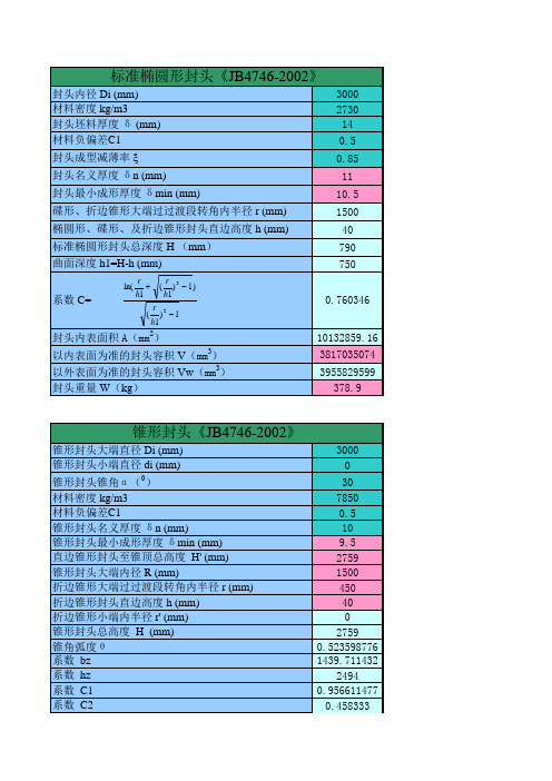 标准椭圆封头重量和容积计算