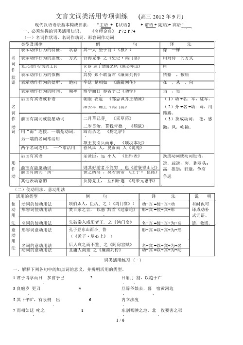 (完整版)文言文词类活用专项训练及标准答案