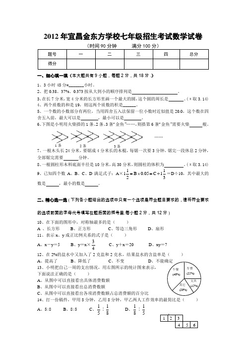 2012年金东方七年级招生考试数学试卷