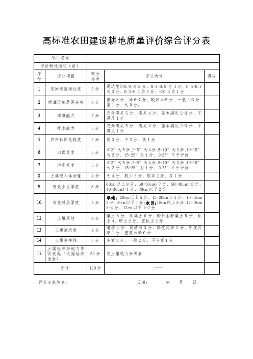 高标准农田建设耕地质量评价综合评分表