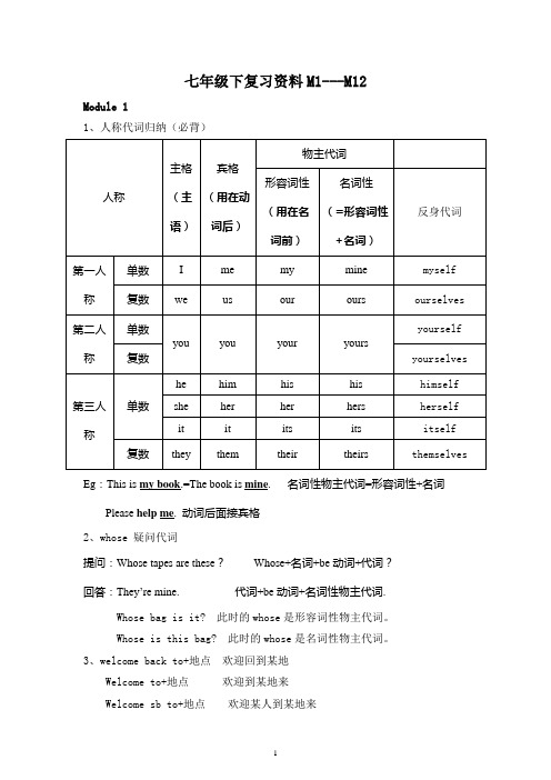 外研版英语七年级下册Modules1-12知识点总结