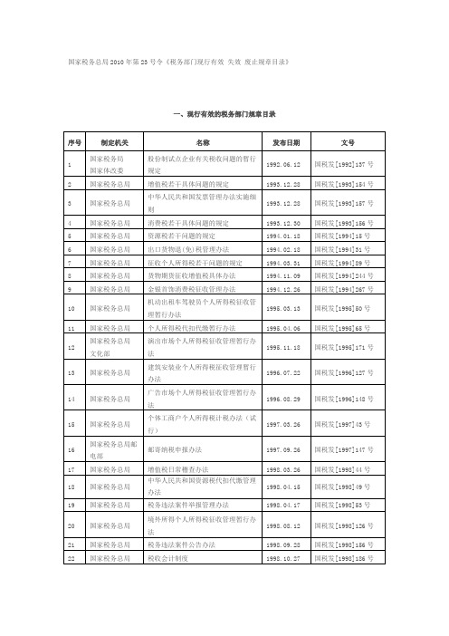 国家税务总局2010年第23号令《税务部门现行有效 失效 废止规章目录》