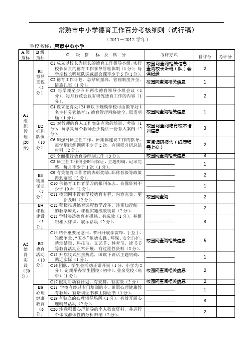 常熟市中小学德育工作百分考核细则(试行稿)