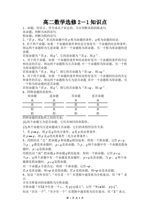 高中数学选修2-1知识点总结