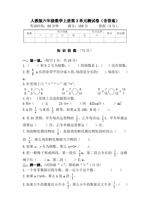 人教版六年级数学上册第3单元测试卷(含答案)