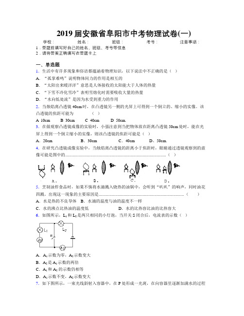 最新2019届安徽省阜阳市中考物理试卷(一)及解析