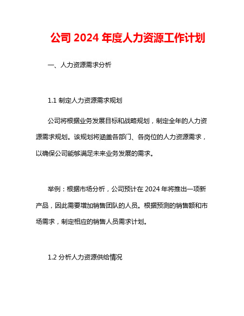 公司2024年度人力资源工作计划