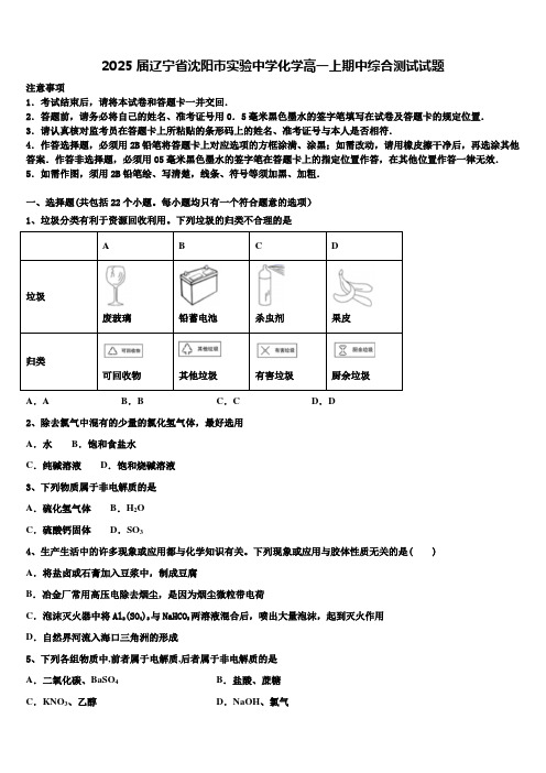 2025届辽宁省沈阳市实验中学化学高一上期中综合测试试题含解析