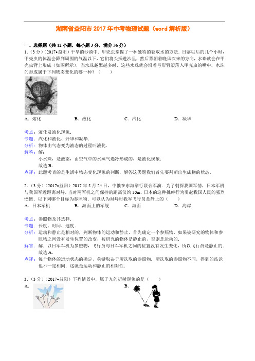 湖南省益阳市2017年中考物理试题