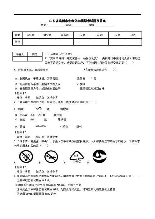 山东省滨州市中考化学模拟考试题及答案.doc