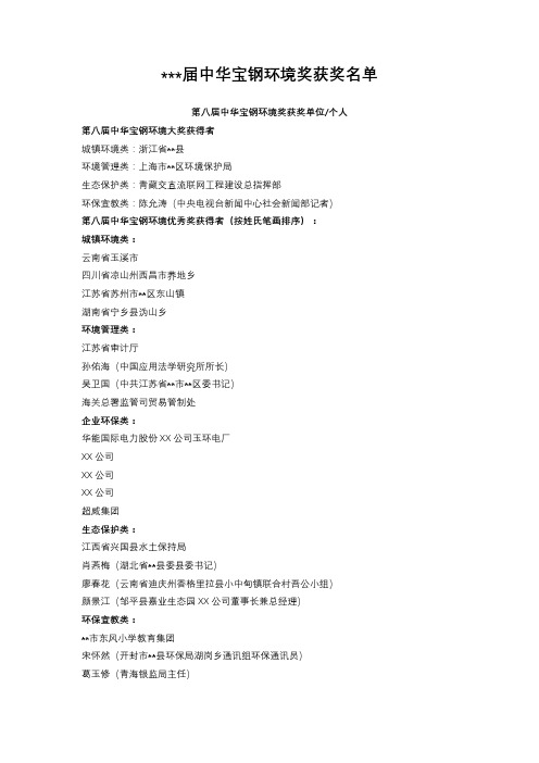 历届中华宝钢环境奖获奖名单【模板】