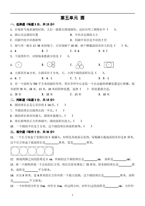 第五单元 圆(单元测试)-2024-2025学年六年级上册数学人教版