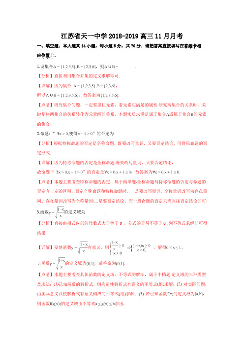 江苏省天一中学2018-2019学年高三11月月考(含详细解答)