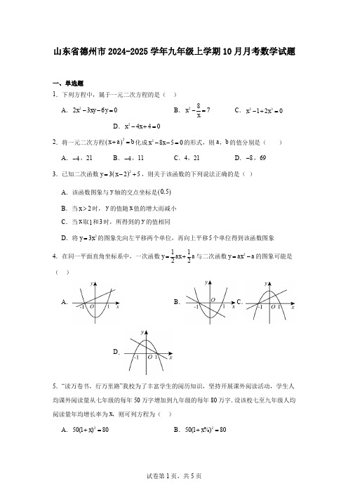 山东省德州市2024-2025学年九年级上学期10月月考数学试题