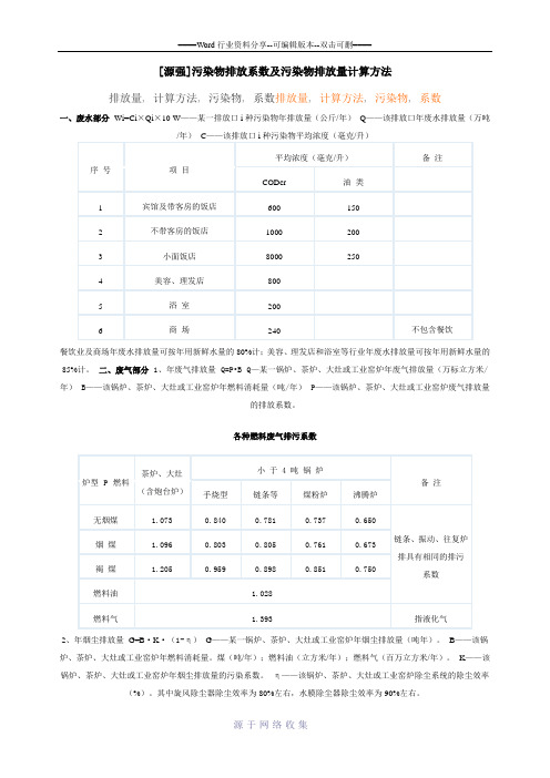 污染物排放系数及污染物排放量计算方法