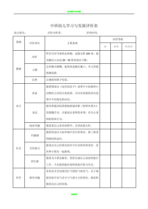 中班幼儿学习与发展评价表(主题一)