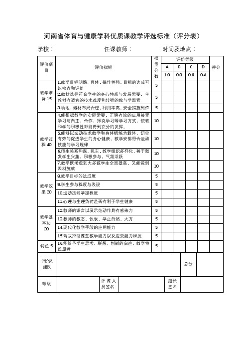 河南省体育与健康学科优质课教学评选标准(评分表)【模板】