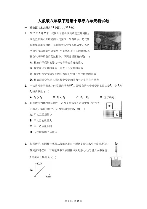 人教版八年级下册第十章浮力单元测试卷(含答案解析)