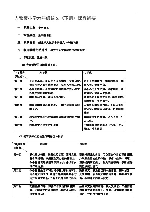 人教版小学六年级语文下册课程纲要