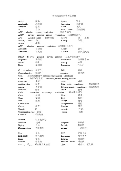 呼吸机常用术语英汉对