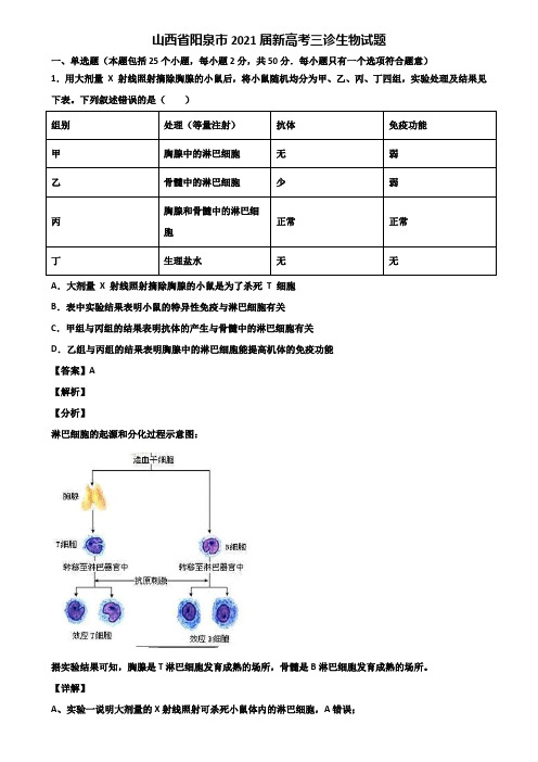 山西省阳泉市2021届新高考三诊生物试题含解析