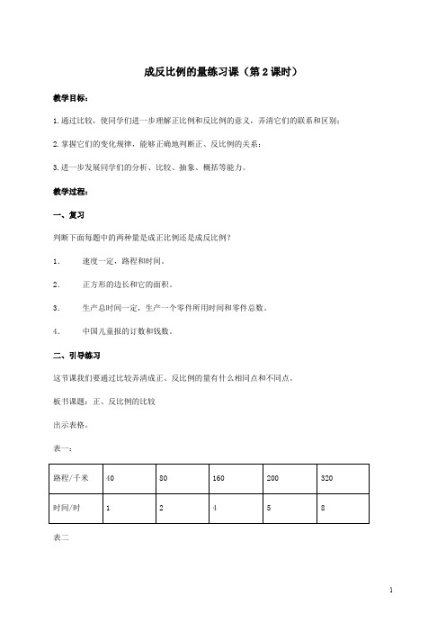 六年级下册数学成反比例的量练习课(教学设计 )