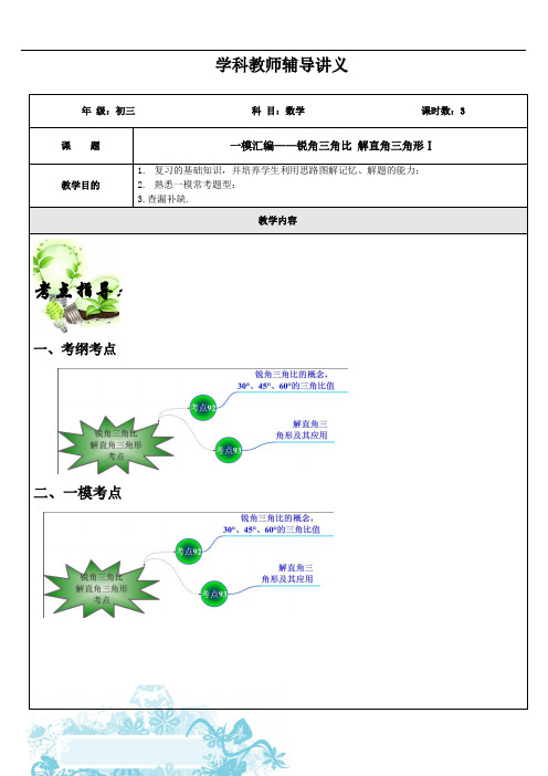 上海市中考数学一模汇编——锐角三角比 解直角三角形Ⅰ(教师版)