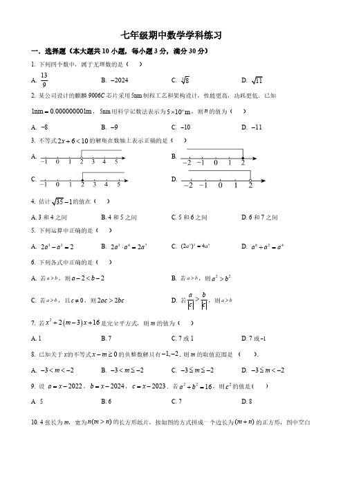 安徽省合肥市经济技术开发区一六八玫瑰园学校2023-2024学年七年级下学期期中数学试题(原卷版)