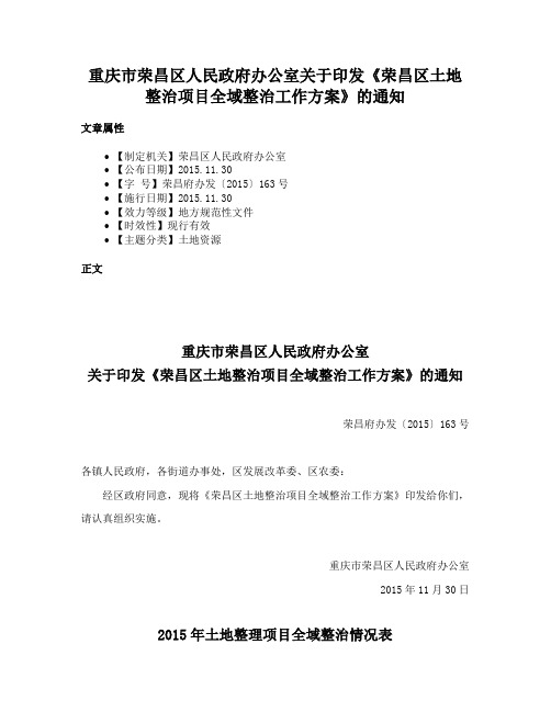 重庆市荣昌区人民政府办公室关于印发《荣昌区土地整治项目全域整治工作方案》的通知