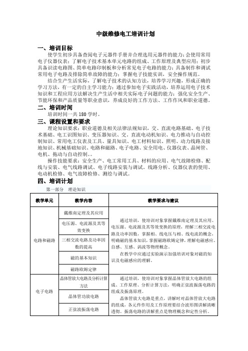 维修电工(中级)培训计划、培训大纲