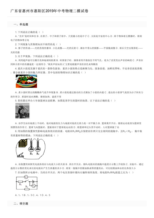 广东省惠州市惠阳区2019年中考物理二模试卷及参考答案