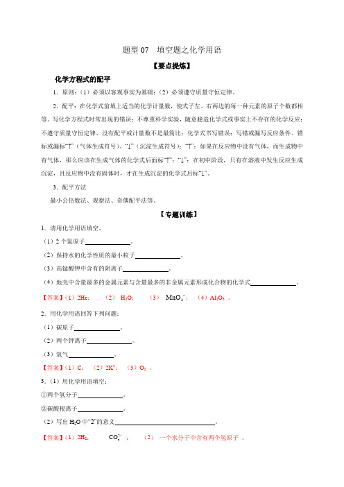 题型07  填空题之化学用语-备战2021届中考化学二轮复习题型专练(解析版)