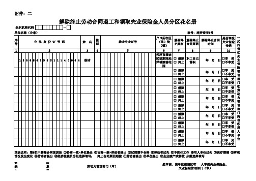 解除终止劳动合同退工和领取失业保险金人员分区花名册2