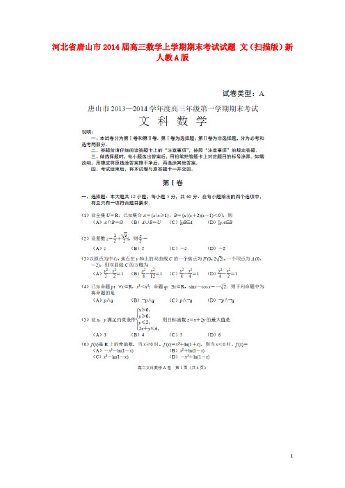 河北省唐山市高三数学上学期期末考试试题 文(扫描版)新人教A版