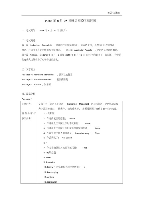 2018年8月25日雅思阅读考情回顾