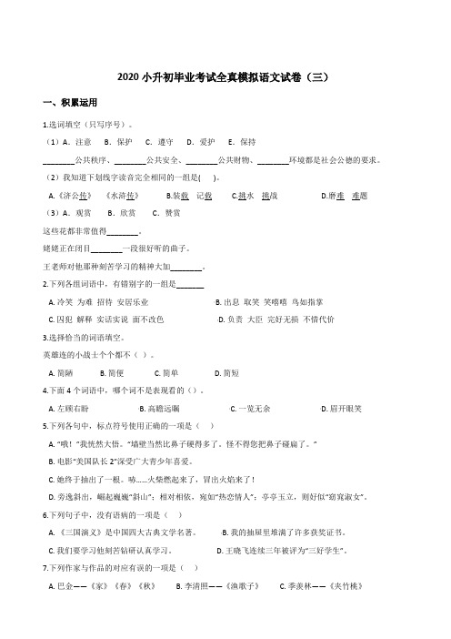 六年级下册语文试题--2020小升初毕业考试全真模拟试卷(三)部编版(含答案)