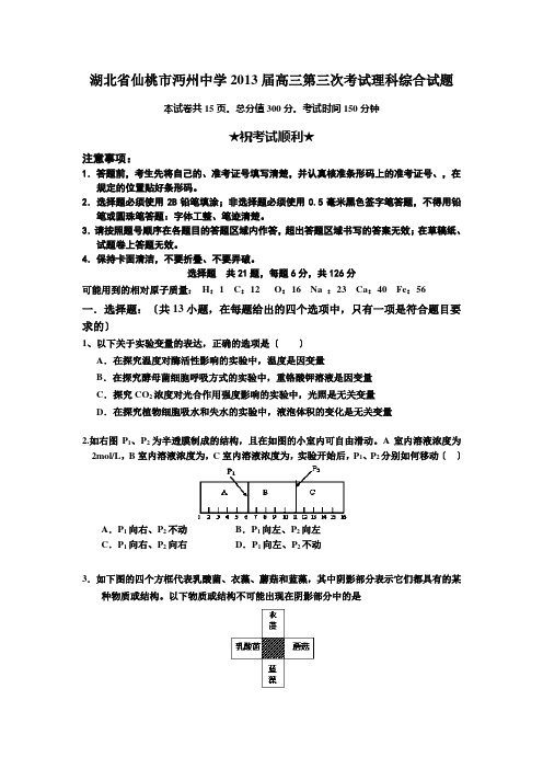 湖北省仙桃市沔州中学2013届高三上学期第三次考试理科综合试题-Word版-含答案