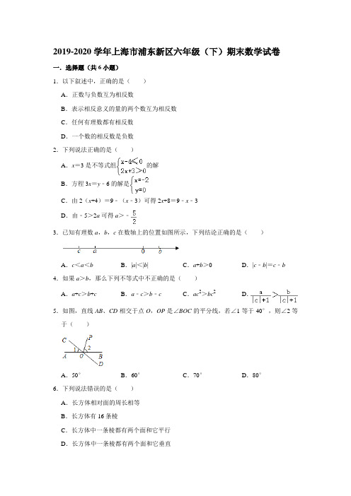 上海市浦东新区(五四制)2019-2020学年六年级下学期期末考试数学试题  解析版