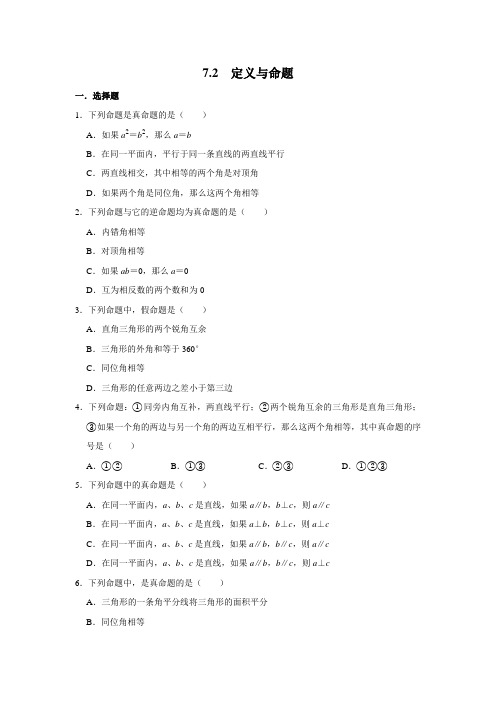 北师大版八年级数学上学期《7.2 定义与命题》 同步练习