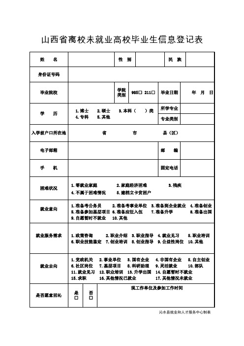 山西离校未就业高校毕业生信息登记表