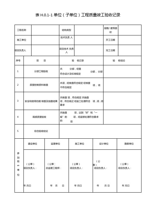 单位子单位工程质量竣工验收记录单位工程质量控制资料核查记录