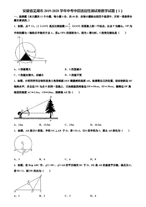 【附5套中考模拟试卷】安徽省芜湖市2019-2020学年中考中招适应性测试卷数学试题(1)含解析