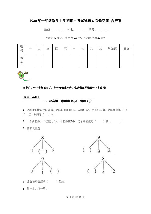 2020年一年级数学上学期期中考试试题A卷长春版 含答案