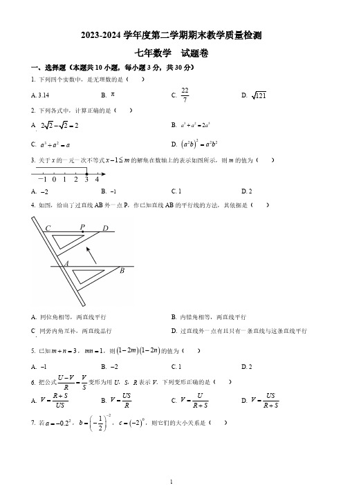 安徽省合肥市2023-2024学年七年级下学期期末数学试题(原卷+答案解析)