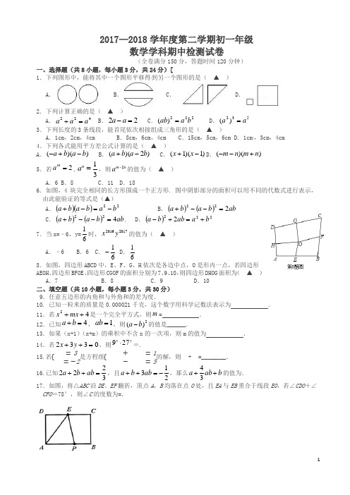 江苏省邗江中学七年级下期中考试试卷及答案(数学)