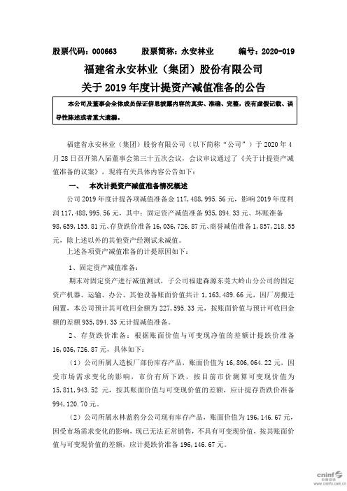 永安林业：关于2019年度计提资产减值准备的公告