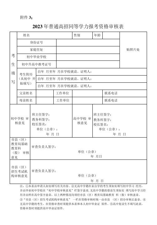 2023年普通高招同等学力报考资格审核表