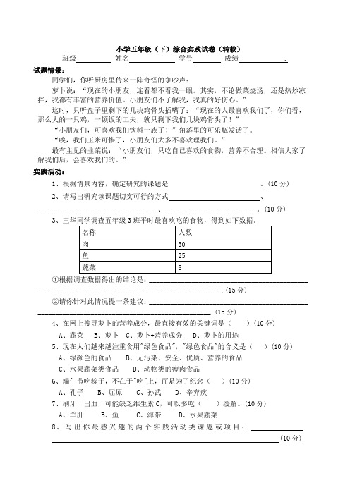 小学五年级下册综合实践试卷