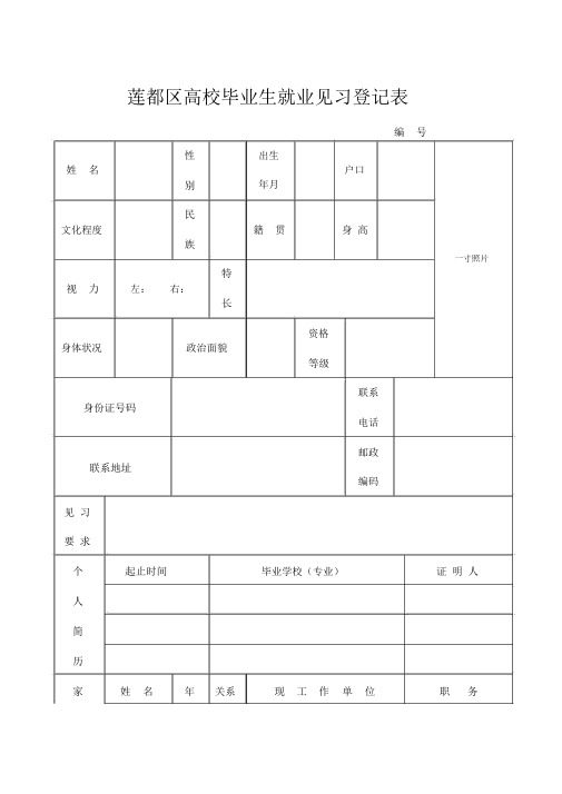 莲都区高校毕业生就业见习登记表